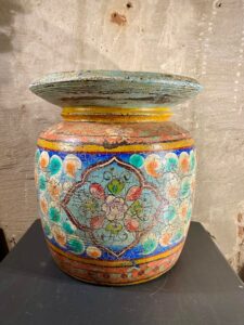 Houten melkpot kleur blauw met bloemen